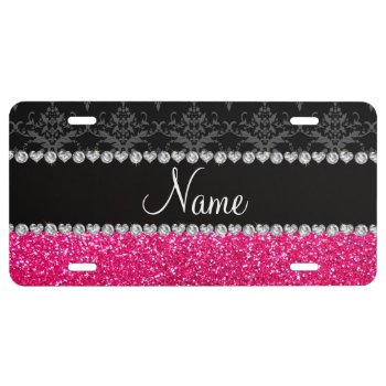 Personalized name black damask pink glitter license plate