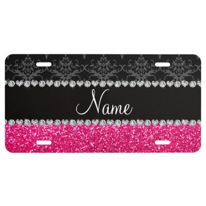 Personalized name black damask pink glitter license plate