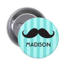 Personalized name black handlebar mustache aqua pinback button