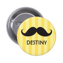 Personalized name black handlebar mustache yellow pinback button