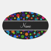Personalized name black rainbow polka dots oval sticker
