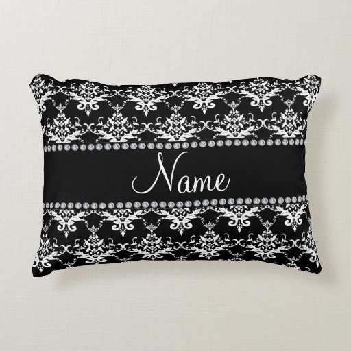 Personalized name black white damask decorative pillow Zazzle