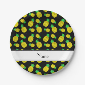 Personalized name black yellow pineapples 7 inch paper plate