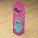 Personalized name bling owl diamonds pink glitter wine gift box