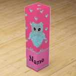 Personalized name bling owl diamonds pink hearts wine gift box