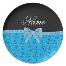 Personalized name blue anchors glitter bow plate