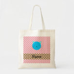 Personalized name blue cat face pink polka dots tote bag