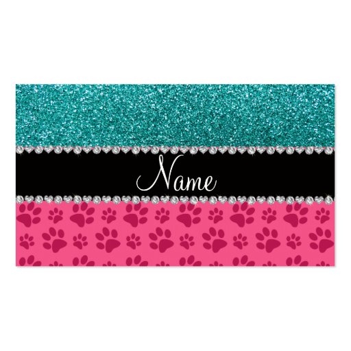 Personalized name blue glitter pink paws business card (front side)