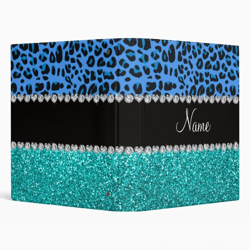 Personalized name blue leopard turquoise glitter binders Zazzle