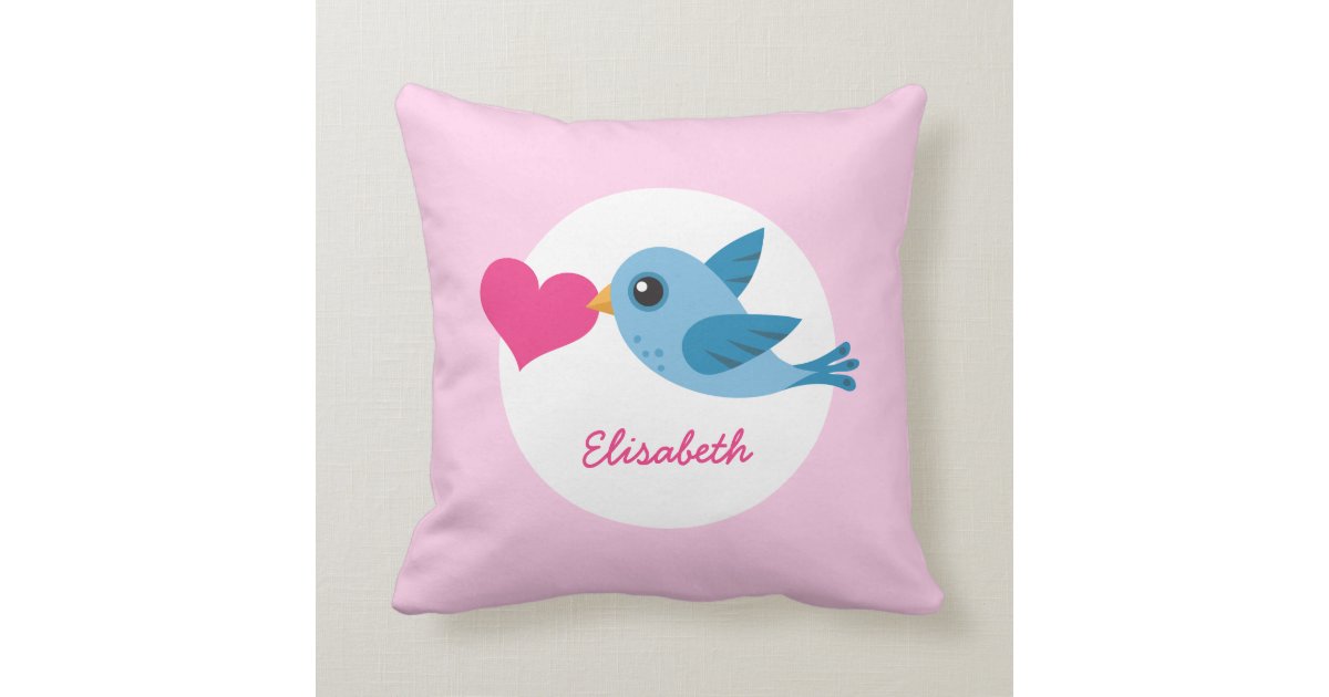 Personalized name blue love bird with pink heart throw pillow Zazzle