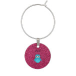 Personalized name blue owl pink glitter wine charm