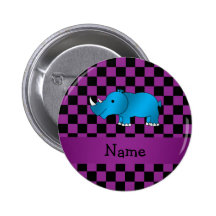 Personalized name blue rhino purple checkers button