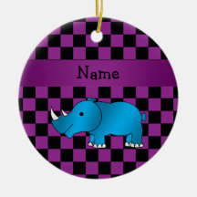 Personalized name blue rhino purple checkers christmas tree ornament