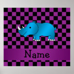 Personalized name blue rhino purple checkers poster