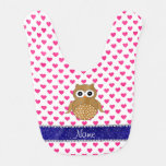 Personalized name brown owl pink hearts baby bib