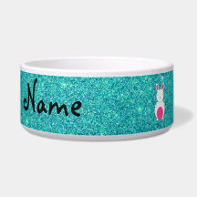 Personalized name bunny turquoise glitter pet water bowl