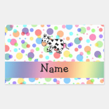 Personalized name cow rainbow polka dots rectangular stickers