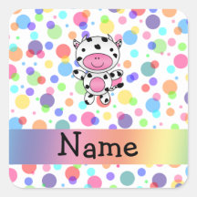 Personalized name cow rainbow polka dots square stickers
