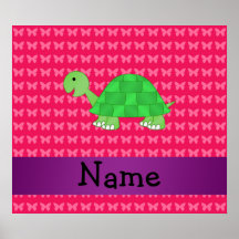 Personalized name cute turtle pink butterflies poster