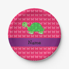 Personalized name cute turtle pink butterflies 7 inch paper plate