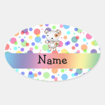 Personalized name dog rainbow polka dots oval stickers