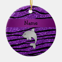 Personalized name dolphin purple zebra stripes christmas ornament