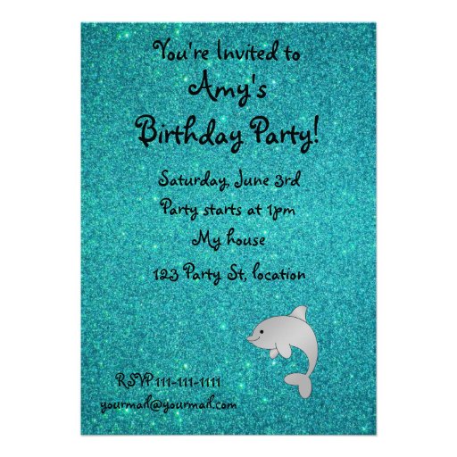 Personalized name dolphin turquoise glitter custom invitations