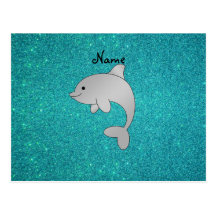 Personalized name dolphin turquoise glitter postcard