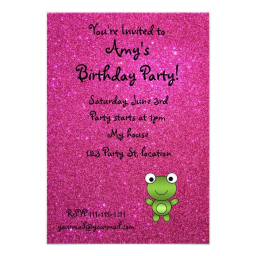 Personalized name frog pink glitter invitation