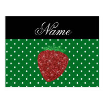 Personalized name glitter strawberry green dots post card