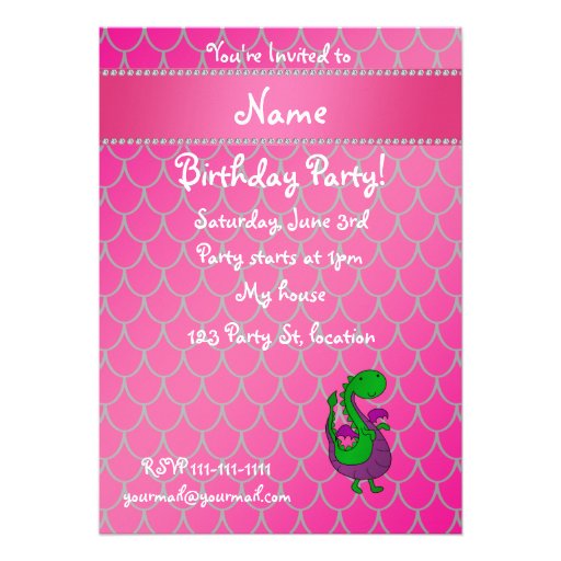 Personalized name green dragon pink scales custom invitations