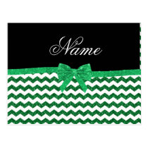 Personalized name green glitter chevrons bow post cards