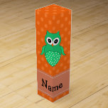 Personalized name green owl orange polka dots wine gift boxes