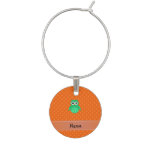 Personalized name green owl orange polka dots wine charms