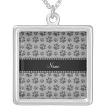 Personalized name grey dog paw prints pendant