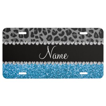 Personalized name grey leopard sky blue glitter license plate