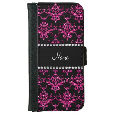 Personalized name hot pink glitter damask iPhone 6/6S wallet case