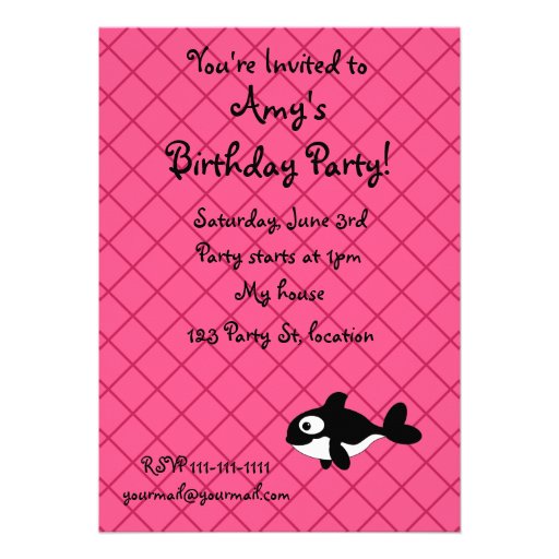 Personalized name killer whale pink grid pattern invitations
