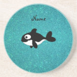 Personalized name killer whale turquoise glitter drink coasters