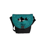 Personalized name killer whale turquoise glitter messenger bags