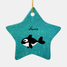 Personalized name killer whale turquoise glitter christmas ornament