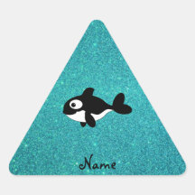 Personalized name killer whale turquoise glitter triangle sticker