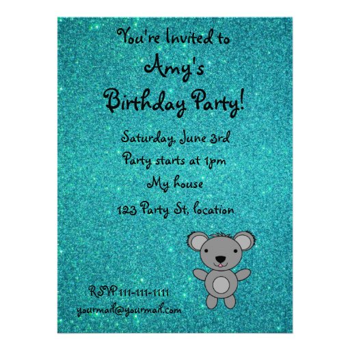 Personalized name koala turquoise glitter custom invitations