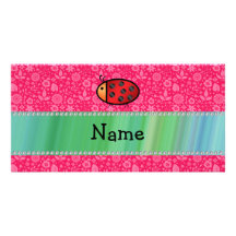 Personalized name ladybug pink floral pattern picture card