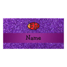 Personalized name ladybug purple glitter custom photo card