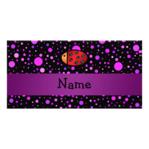 Personalized name ladybug purple polka dots picture card