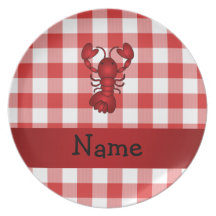 Personalized name lobster red picnic checkers party plate