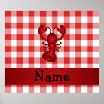 Personalized name lobster red picnic checkers poster