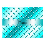 Personalized name neon blue diamond plate steel post card
