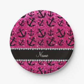 Personalized name neon hot pink glitter anchors 7 inch paper plate
